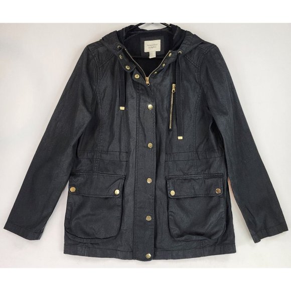 FOREVER 21 Jackets & Blazers - Forever 21 Jacket Womens Medium Black Waxed Denim Retro Cargo Full Zip Snap On